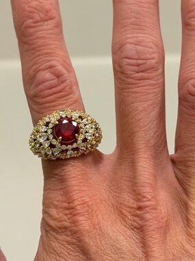 Bomb Party NWOT! Gold Ring with Ruby Center and Diamond Halo